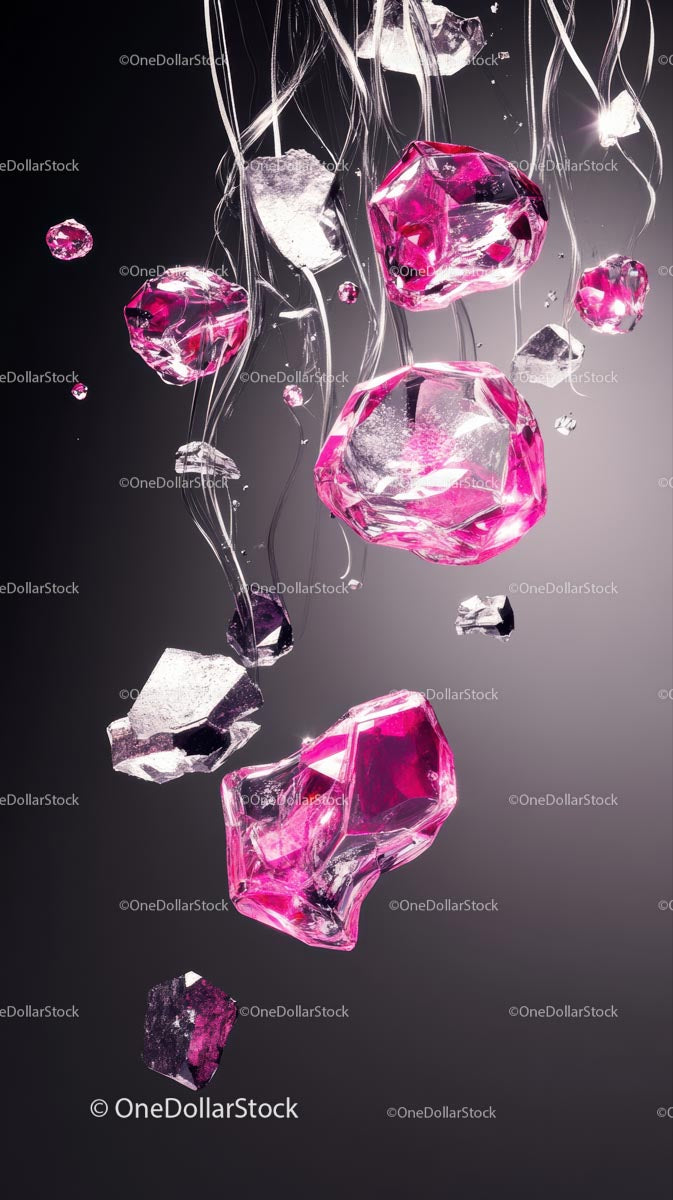 Elegant Pink Gemstones and Sparkling Crystals in Midair