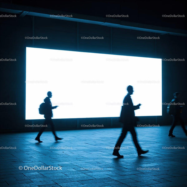 Silhouettes of People Walking Past Bright Urban Billboard JPG Mockup Image