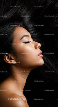 Peaceful profile of woman with flowing black hair