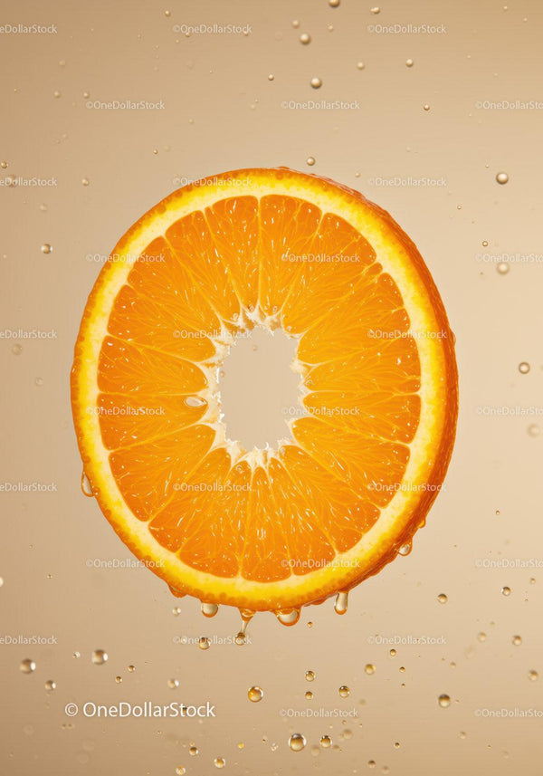 Fresh orange slice suspended in sparkling water droplets