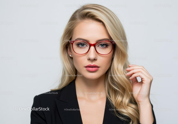 Elegant Young Woman with Blonde Hair Wearing Red Glasses