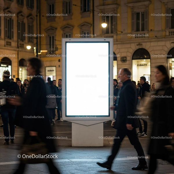 Urban Night Scene with Blank Digital Billboard and Pedestrians JPG Mockup Image
