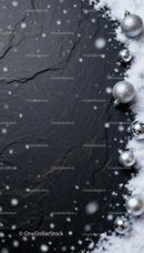 Silver Christmas Ornaments on Snow with Dark Slate Background