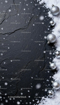 Silver Christmas Ornaments on Snow with Dark Slate Background