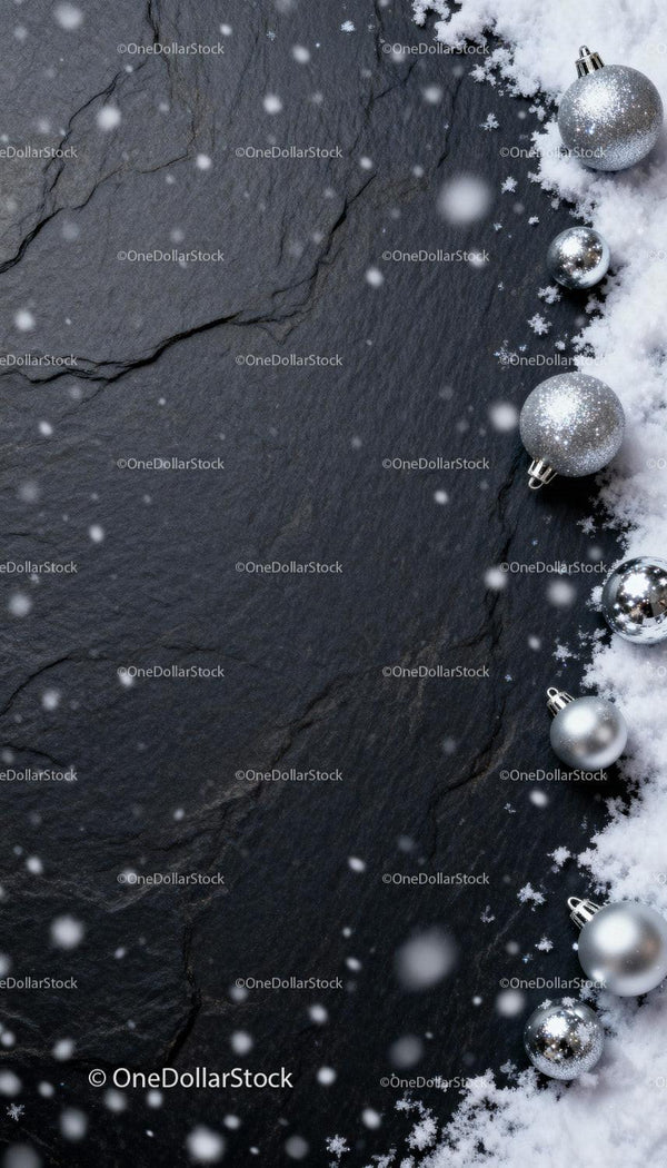 Silver Christmas Ornaments on Snow with Dark Slate Background