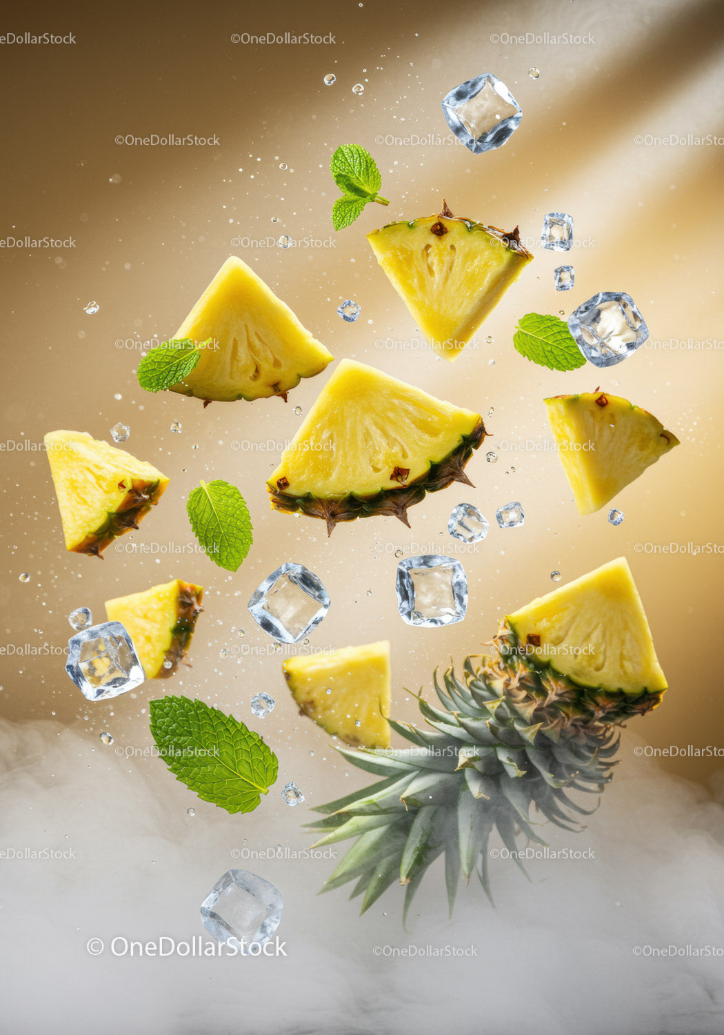 Fresh pineapple slices with mint and ice cubes floating