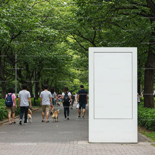 People walking dogs in lush green city park pathway JPG Mockup Image