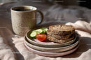 Rustic Breakfast with Coffee and Fresh Vegetables on Ceramic Tableware