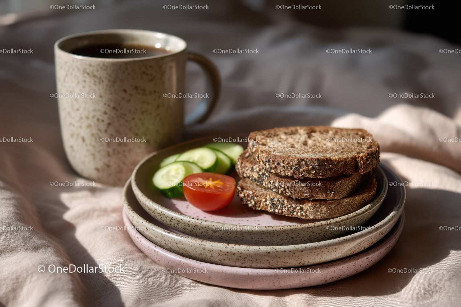 Rustic Breakfast with Coffee and Fresh Vegetables on Ceramic Tableware