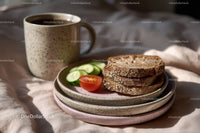 Rustic Breakfast with Coffee and Fresh Vegetables on Ceramic Tableware