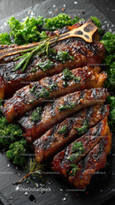 Grilled Beef Ribs with Fresh Green Herbs on Plate