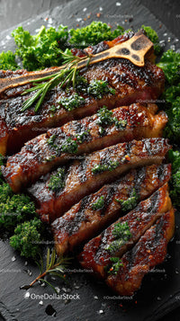 Grilled Beef Ribs with Fresh Green Herbs on Plate