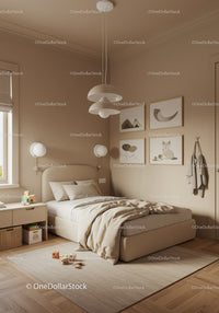 Cozy Modern Bedroom with Beige Walls and Playful Animal Wall Art