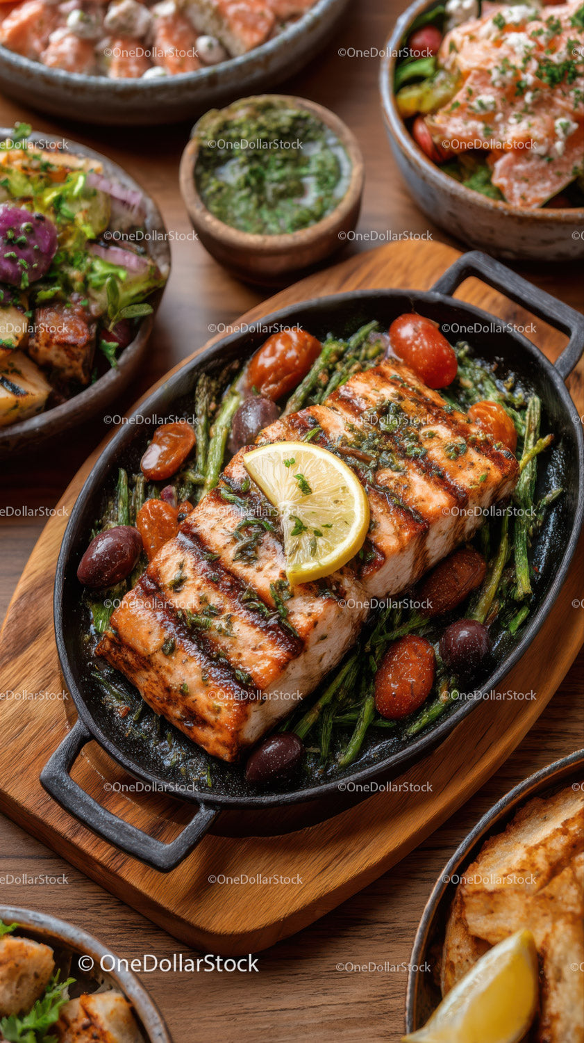 Grilled Salmon with Green Beans and Cherry Tomatoes for Healthy Lunch