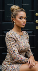 Young woman with floral dress posing by dark door