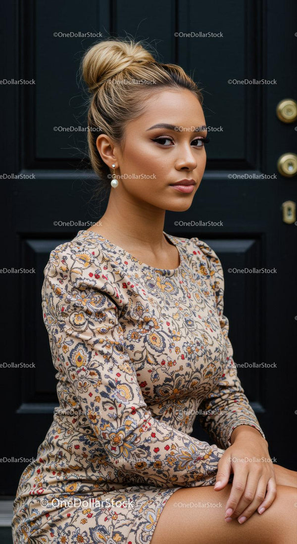 Young woman with floral dress posing by dark door