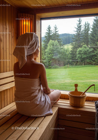 Woman Relaxing in Sauna with Scenic Forest View
