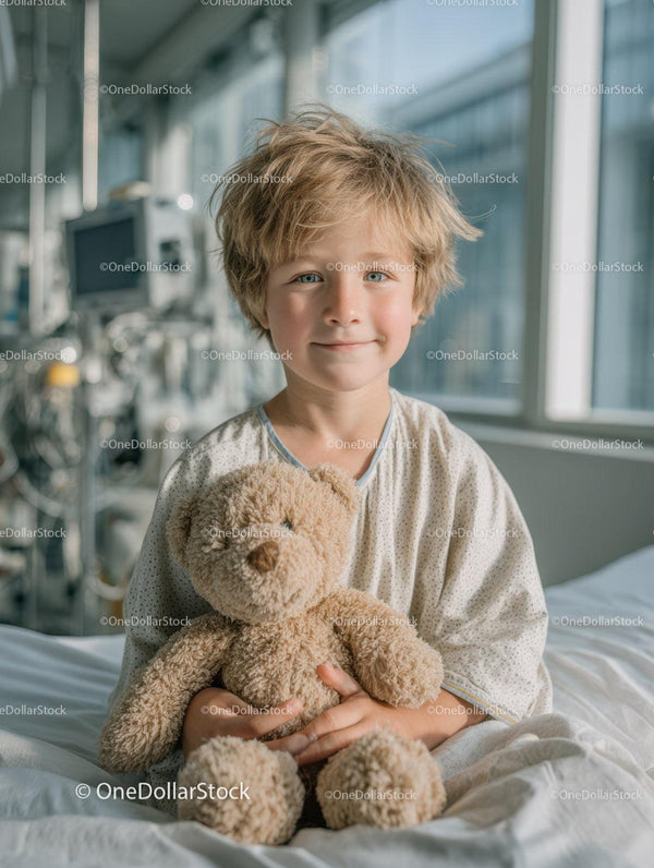 Young Boy Holding Teddy Bear in Hospital Room with Smiling Expression
