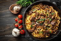 Beef and Mushroom Pasta in a Cast Iron Skillet with Cherry Tomatoes