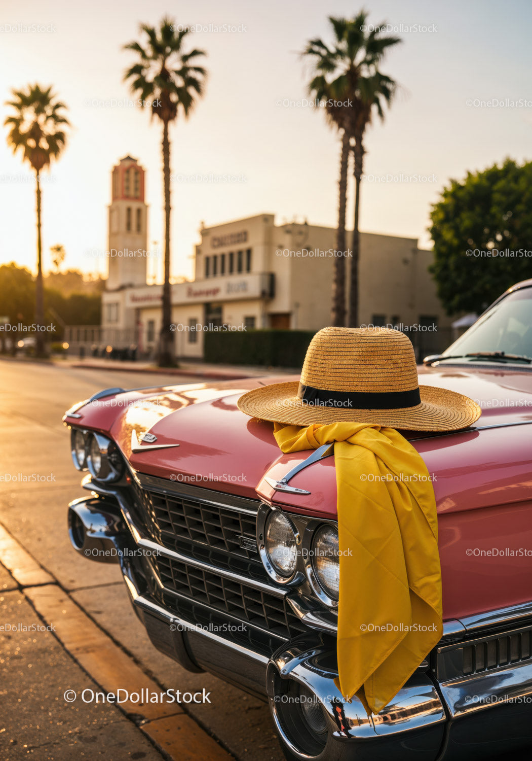 Vintage Pink Car with Straw Hat and Yellow Dress Fabric in Sunset