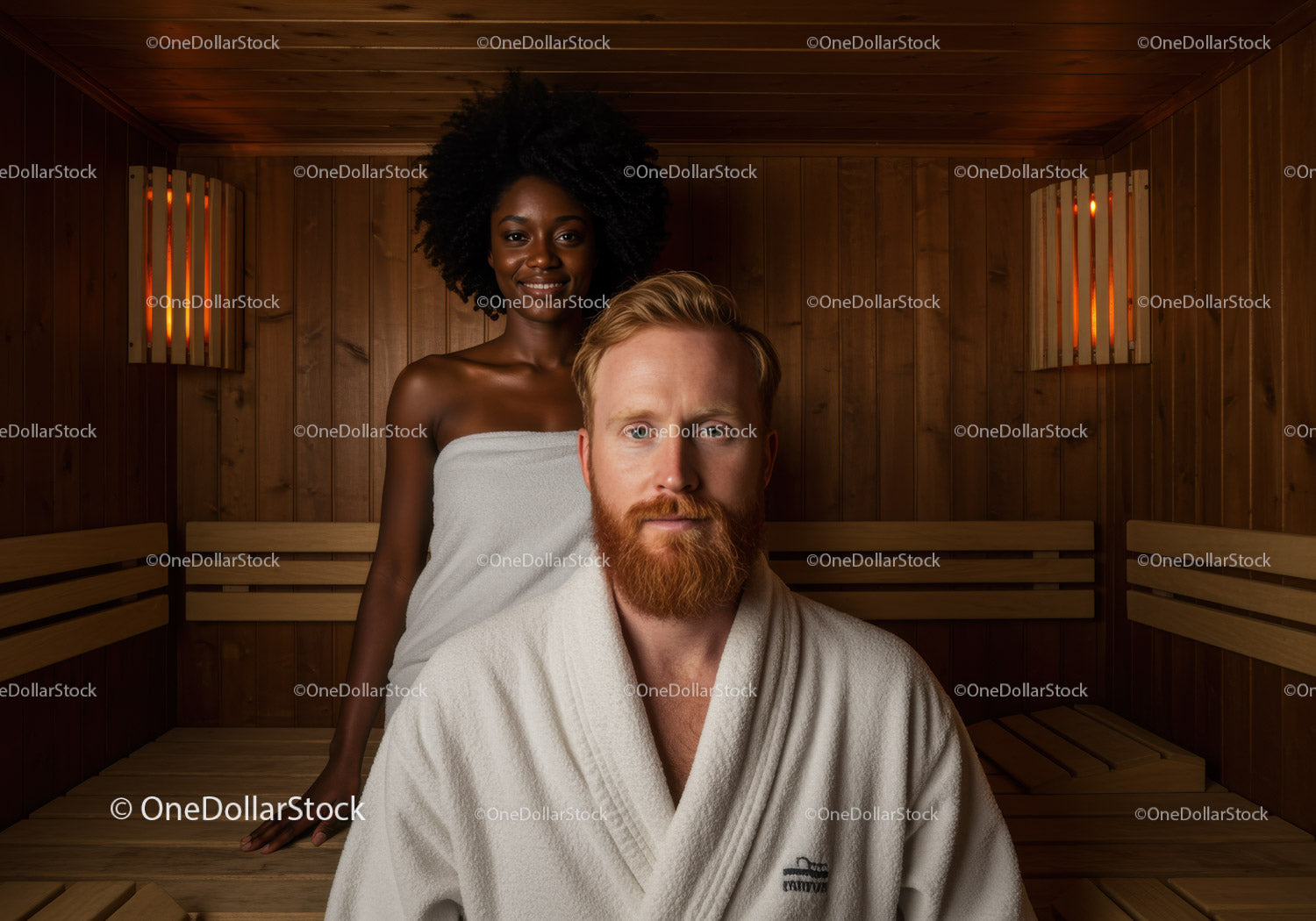 Couple Enjoying Relaxing Sauna Session in Warm Wooden Interior