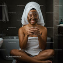 Relaxing Woman with Facial Mask and Towel Wrap in Bathroom