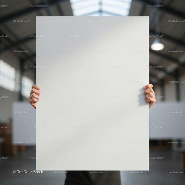 Person holding blank white poster in industrial space JPG Mockup Image