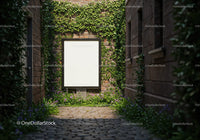 Blank billboard surrounded by ivy and flowers in alley