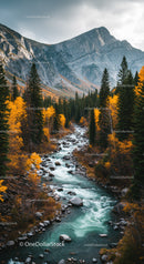 Mountain river flowing through vibrant autumn forest