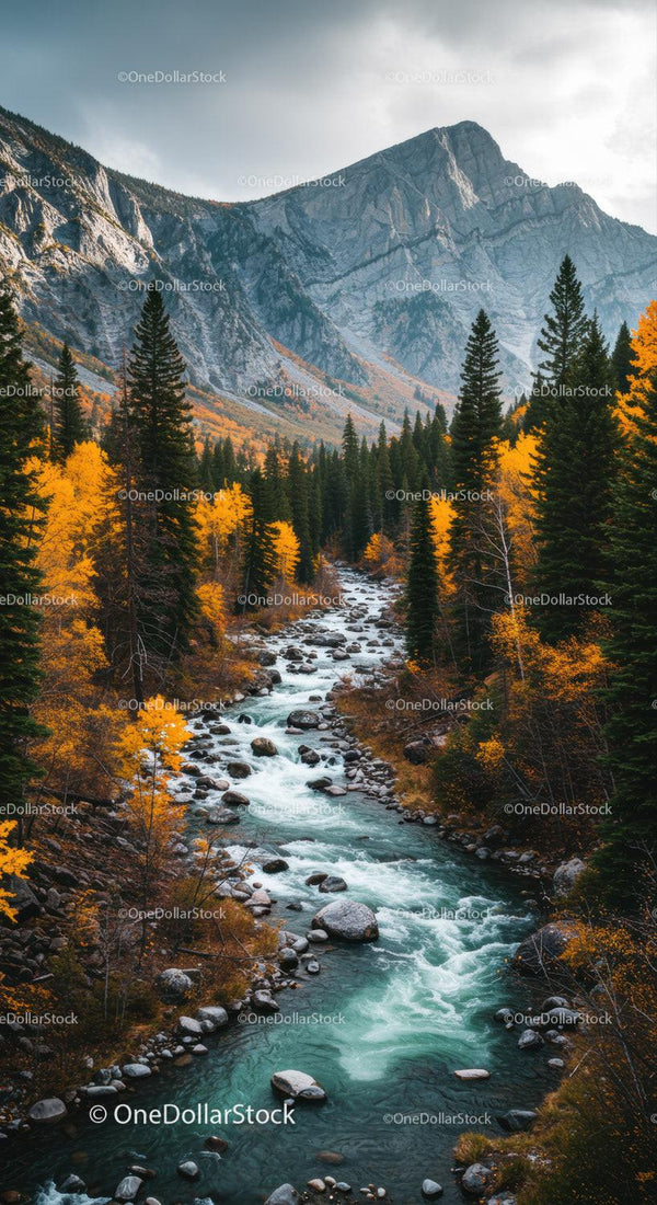 Mountain river flowing through vibrant autumn forest