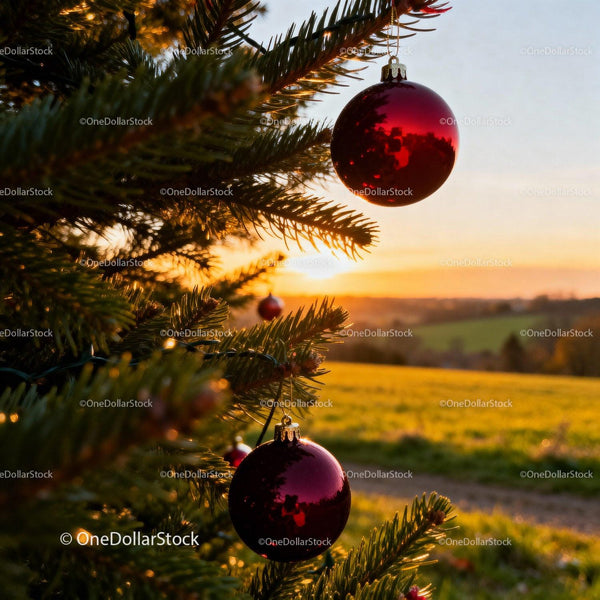 Red Christmas Ornaments on Pine Tree at Sunset
