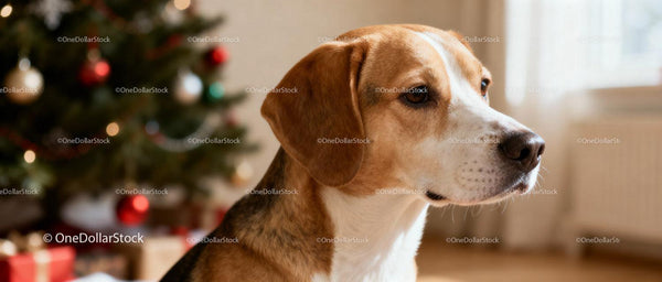 Beagle siedzący spokojnie przy udekorowanej choince