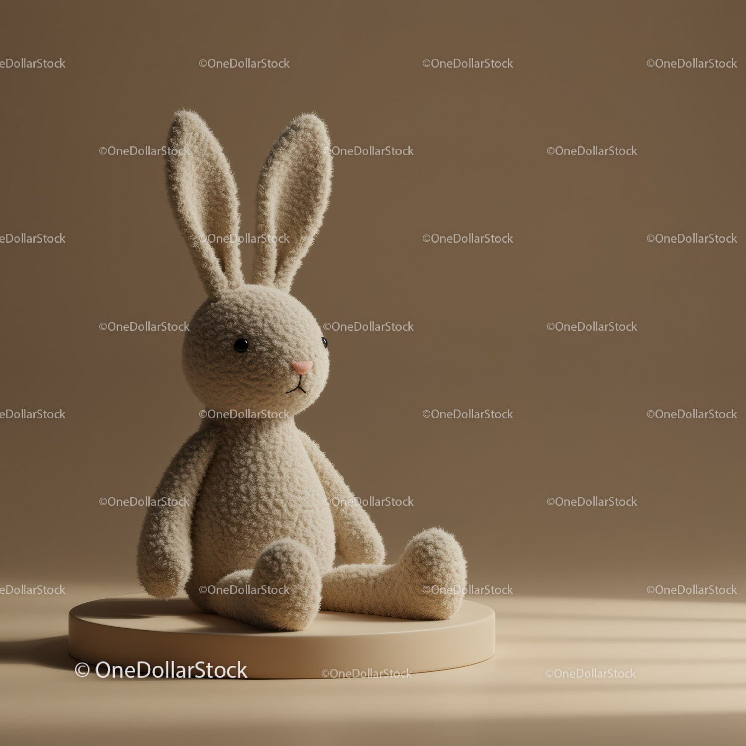 Soft plush bunny toy sitting on neutral pedestal
