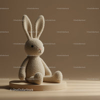 Soft plush bunny toy sitting on neutral pedestal