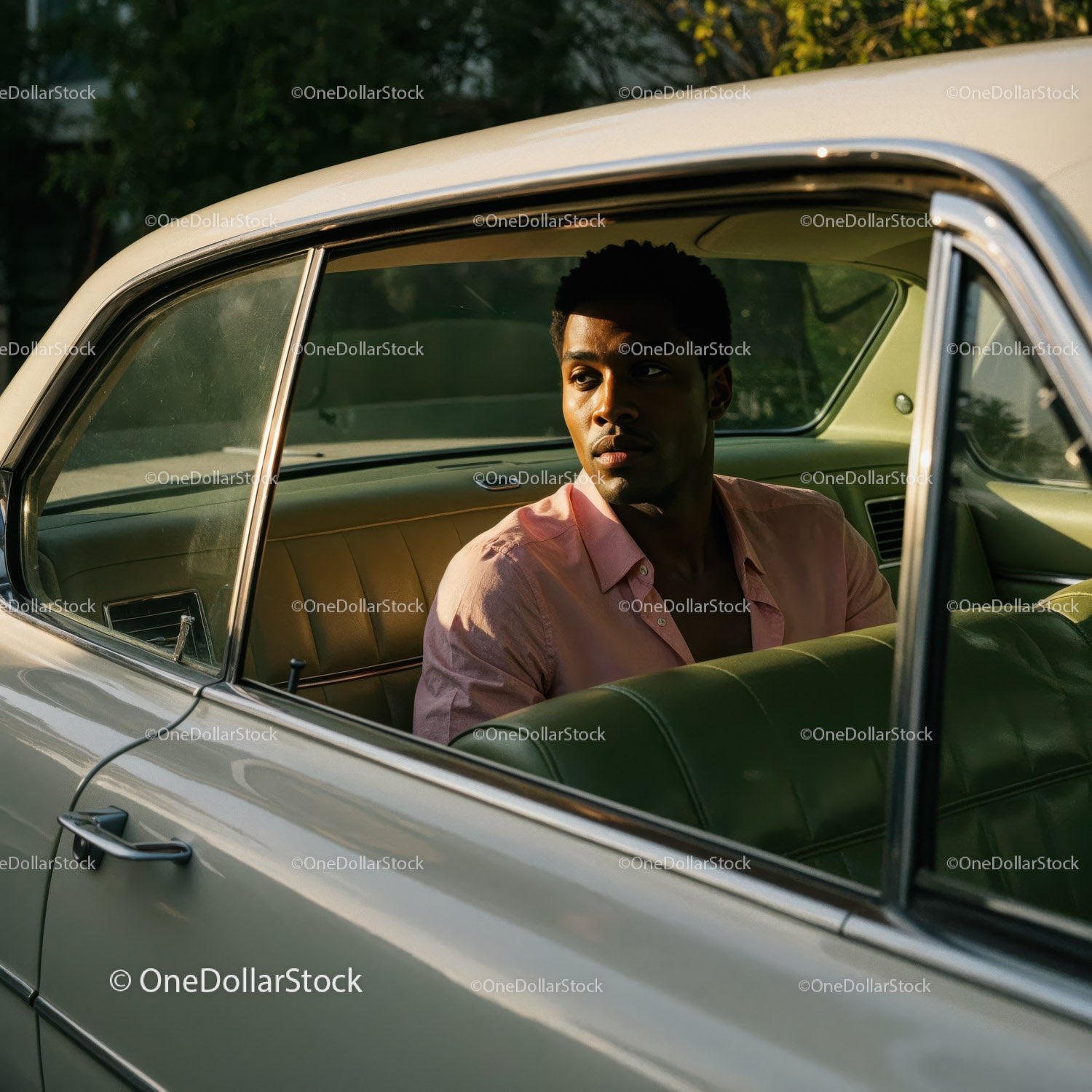 Young Man Sitting in Vintage Car On Sunset Day