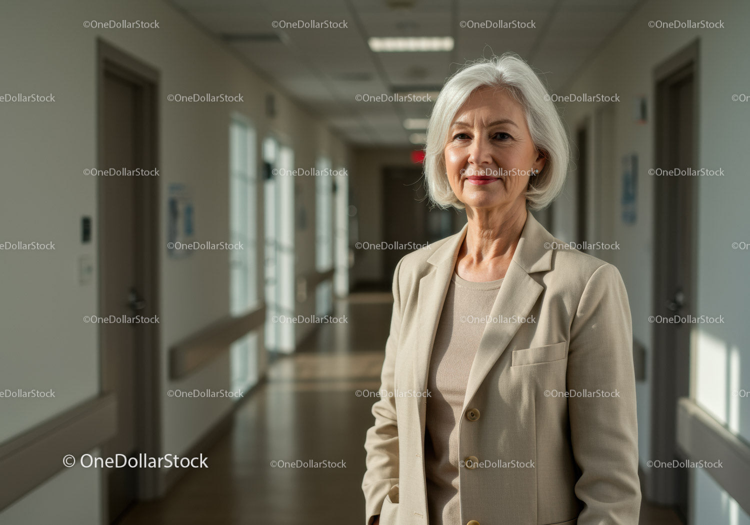 Elegancka starsza kobieta w beżowej marynarce stojąca na nowoczesnym korytarzu szpitalnym