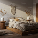 Cozy modern bedroom with natural textures and warm light