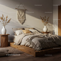 Cozy modern bedroom with natural textures and warm light
