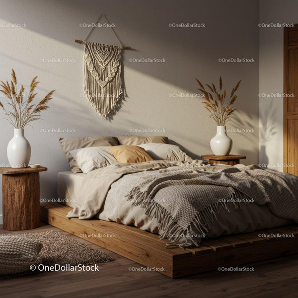 Cozy modern bedroom with natural textures and warm light