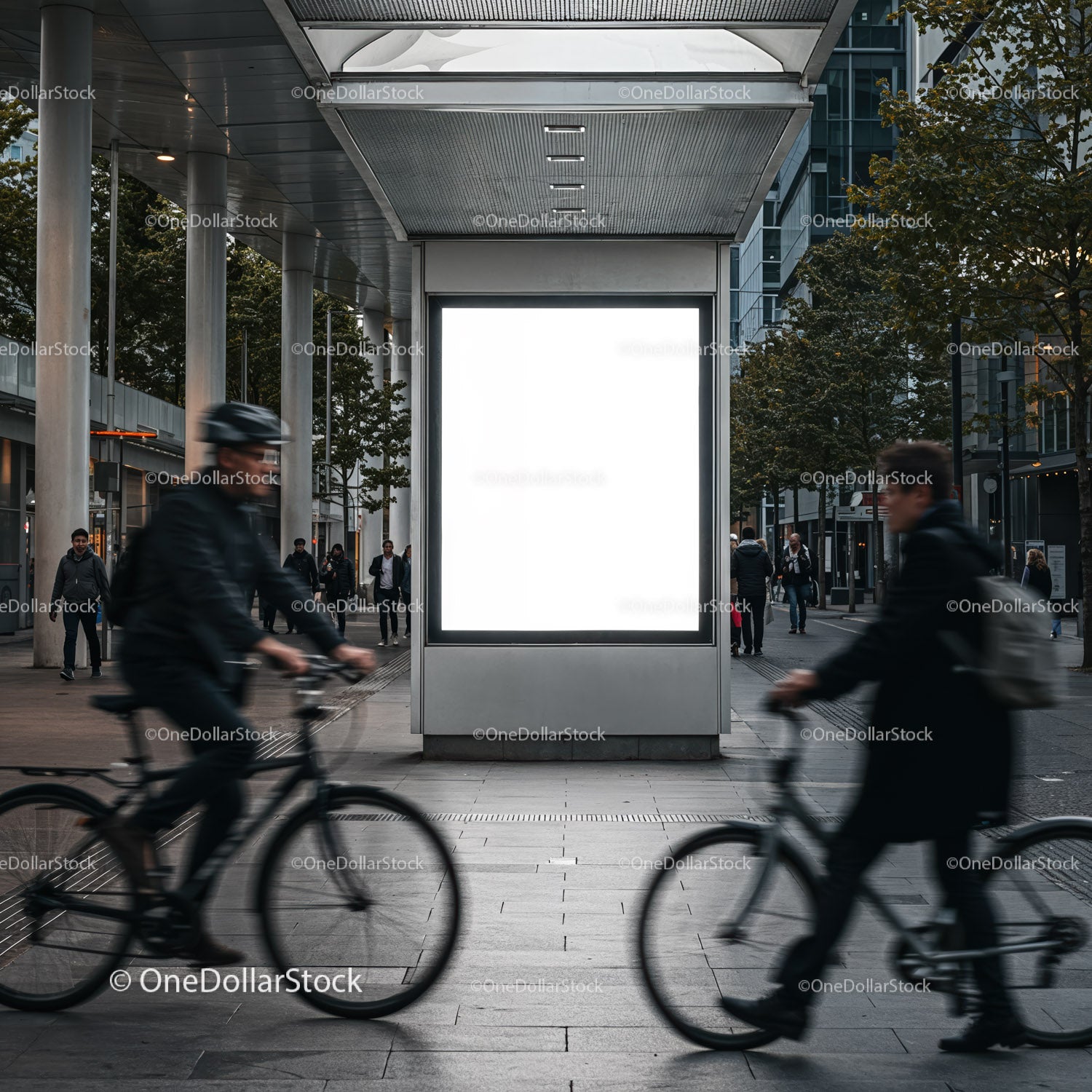 Urban commuters cycling past blank billboard in city street