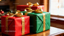 Festive Red and Green Christmas Gifts with Gold Ribbon