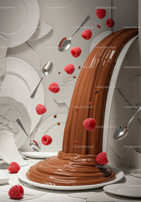 Rich chocolate sauce swirling with fresh raspberries