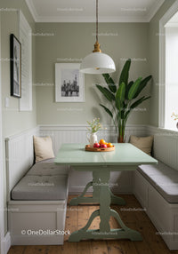 Cozy Kitchen Nook with Built-in Bench and Potted Banana Plant