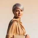Elegant Woman with Short Blonde Hair wearing Silk Blouse in Soft Light