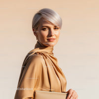 Elegant Woman with Short Blonde Hair wearing Silk Blouse in Soft Light