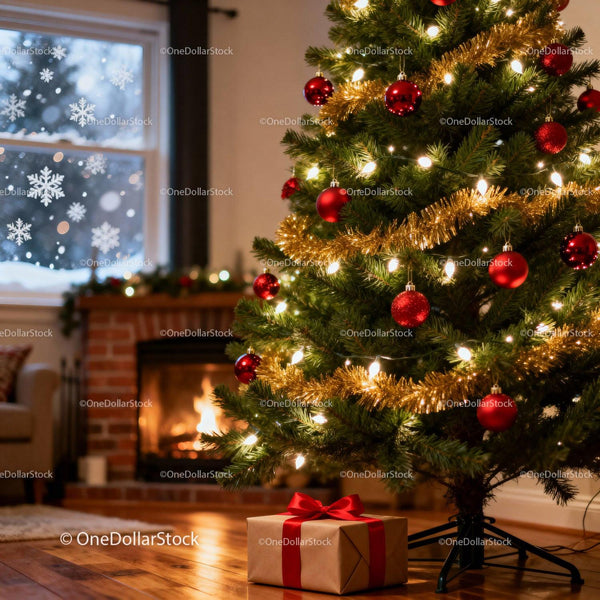 Cozy Living Room with Festive Christmas Tree and Fireplace
