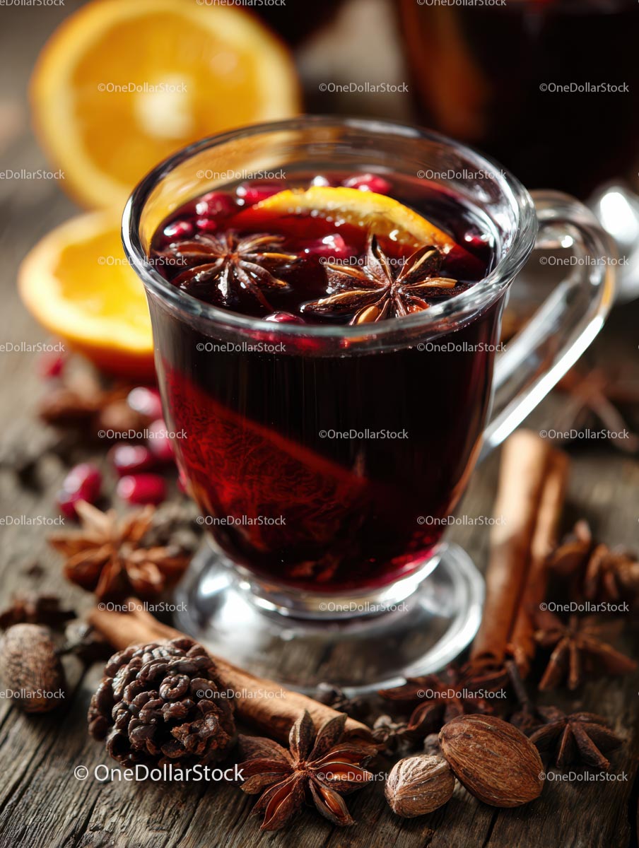 Delicious Mulled Wine with Citrus and Spices in a Glass Mug