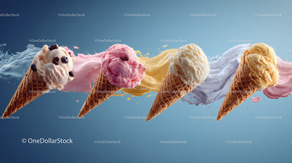 Colorful Ice Cream Scoops in Waffle Cones Splashing Water