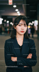 Confident Business Woman Standing in Urban Night Cityscape