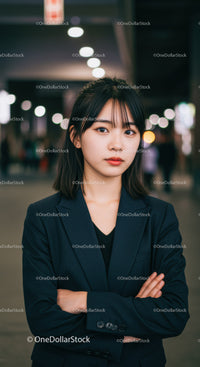 Confident Business Woman Standing in Urban Night Cityscape